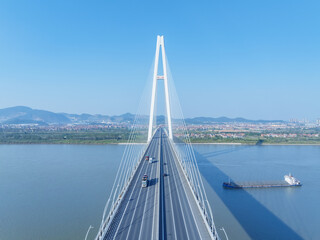 aerial view of Wuxue bridge on Yangtze river - 757957887