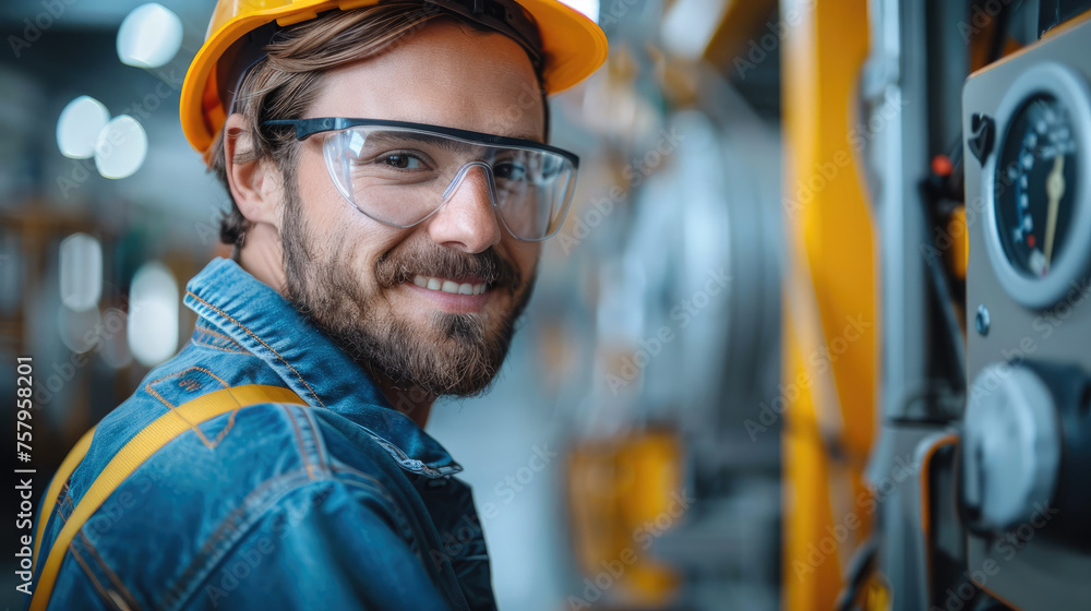 Aufkleber Smiling and happy electrician in modern factory. Generative AI.