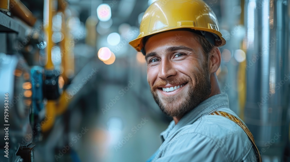 Leinwandbilder smiling and happy electrician in modern factory. generative ai.