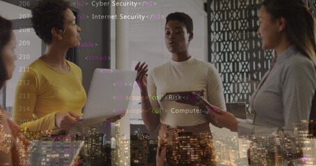 Image of data processing and cityscape over diverse business people in office