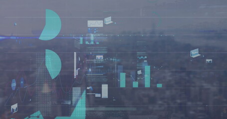 Image of graphs and charts processing data over modern cityscape