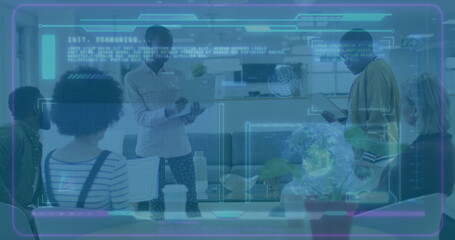 Image of digital screen over diverse coworkers in office