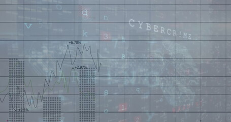 Image of graphs and cybercrime warning text over data processing on grey background
