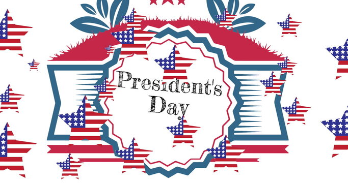 Image of stars with usa flags over presidents day text on white background