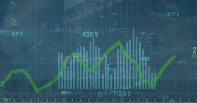 Image of graphs and cybercrime warning text with data processing over computer servers