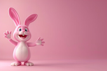 cute pink cartoon character rabbit smiling and holding out his hand on a pink background 