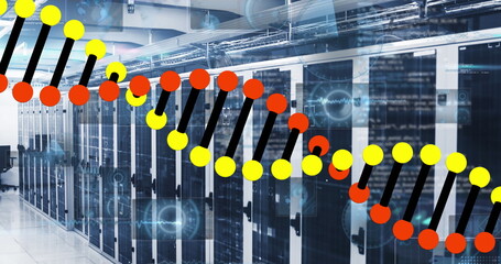 Image of dna strand spinning over statistics and data processing