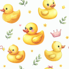 Seamless pattern of watercolor rubber ducks.