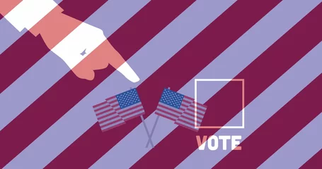Deurstickers Image of hand, vote and american flags over red, white and blue striped background © vectorfusionart