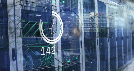 Image of scope scanning and data processing over tech room purple computer servers