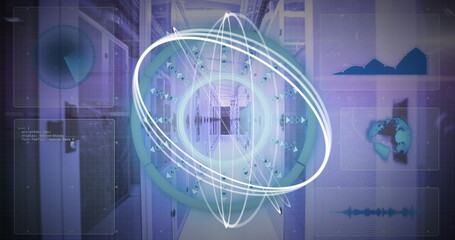 Image of scope scanning with white lines and data processing over server room