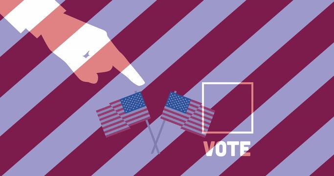 Image of hand, vote and american flags over red, white and blue striped background