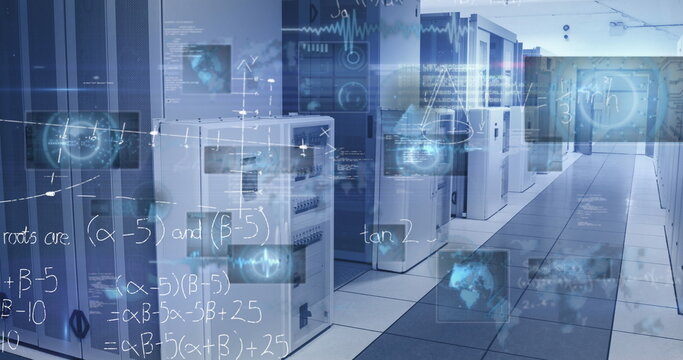Image of data processing and mathematical equations over server room