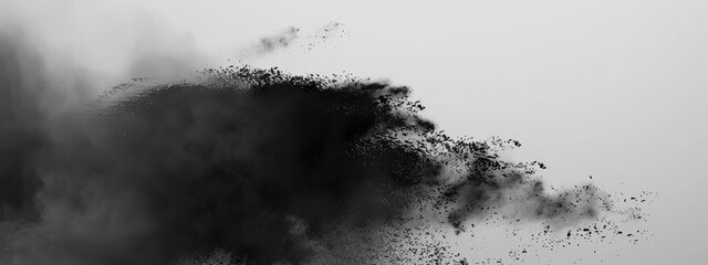Abstract black dusty and rocks piles floating in the air