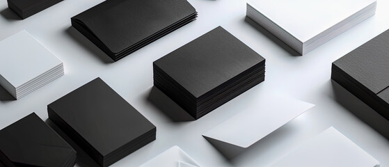A stack of black and white business cards are arranged on a white background