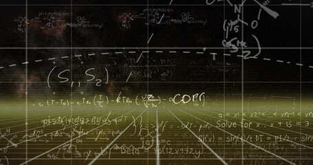 Image of mathematical equations over burning document