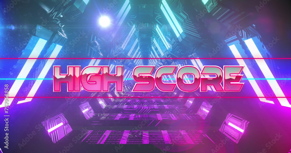 Poster image of high score text between lines over looping triangular tunnel