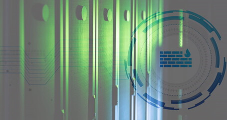 Image of firewall icon over round scanner against computer server room