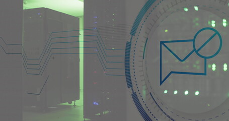 Image of message block icon over round scanner against computer server room