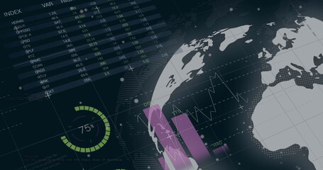 Image of multicolored infographic interface and rotating globe over black background