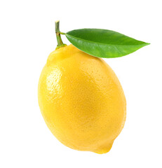 Lemon fruit with leaf isolated on white background.