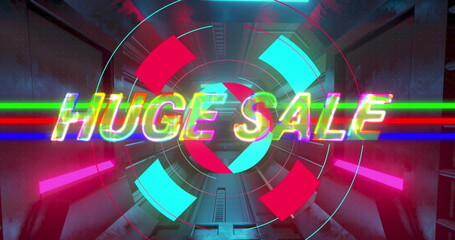 Image of huge sale text and circles over futuristic tunnel in background