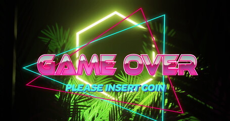 Image of game over and please insert coin text on triangles and hexagon against plantation