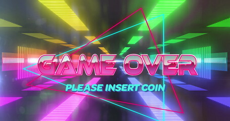 Image of game over text and please insert coin text on triangles over futuristic tunnel