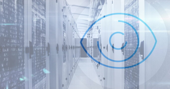 Image of eye retina scanner, mosaic squares and light spot against computer server room