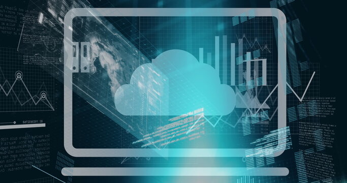 Image of multiple icons over graphs, globe, loading bars, computer language on black background