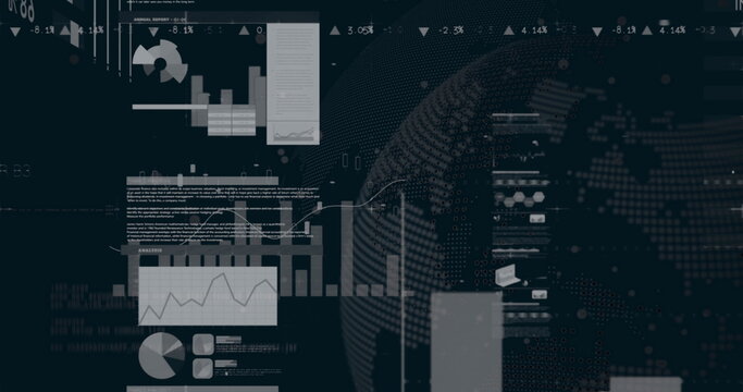 Image of multiple graphs and trading board over globe against black background
