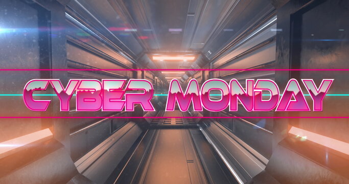 Image of cyber monday text between lines over futuristic tunnel in background