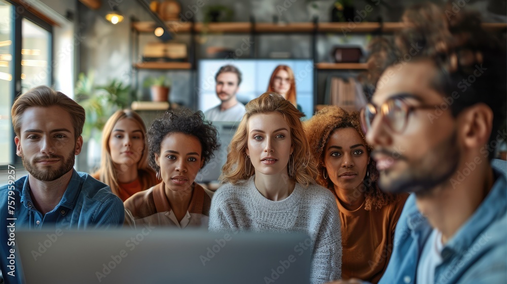 Aufkleber Tech startup team video conferencing with clients, modern and connected. Generative AI.