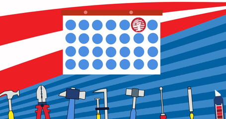 Image of calendar over tools, red, white and blue of flag of united states of america