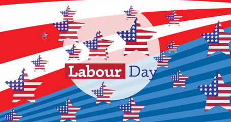 Fototapeta premium Image of labor day text over stars, red, white and blue of flag of united states of america