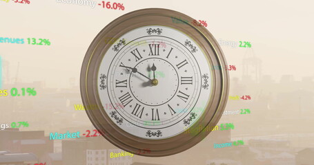 Image of diagrams and stock market with clock over cityscape