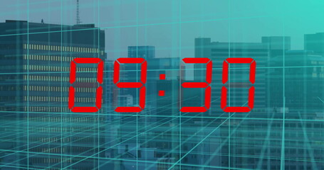 Image of squares and countdown over cityscape