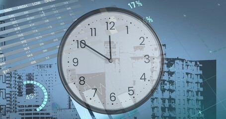 Image of diagrams and data processing with clock over cityscape