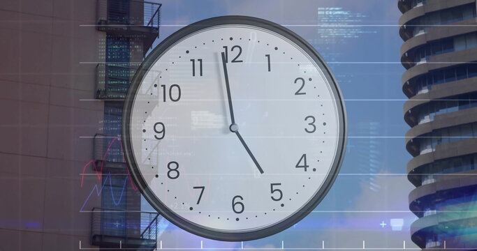 Image of diagrams and data processing with clock over cityscape