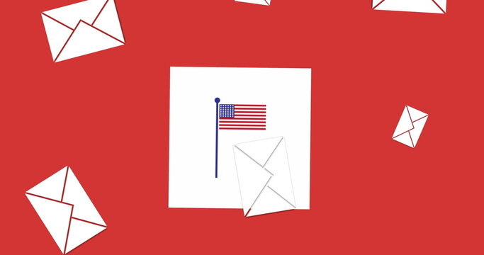 Naklejki Image of envelopes falling and flag in red, white and blue of united states of america