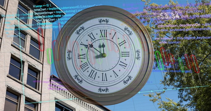 Image of diagrams and data processing with clock over cityscape