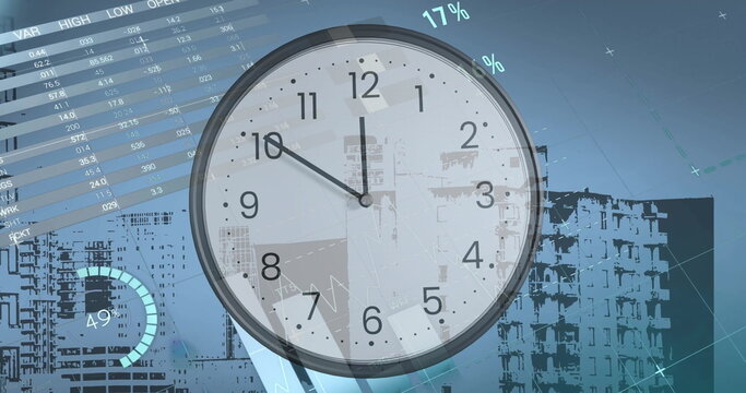 Image of diagrams and data processing with clock over cityscape