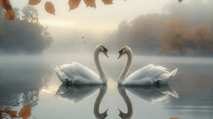 Foto op Aluminium Couple swans on calm lake at foggy morning. Generative AI. © visoot