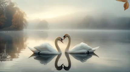 Rolgordijnen Couple swans on calm lake at foggy morning. Generative AI. © visoot