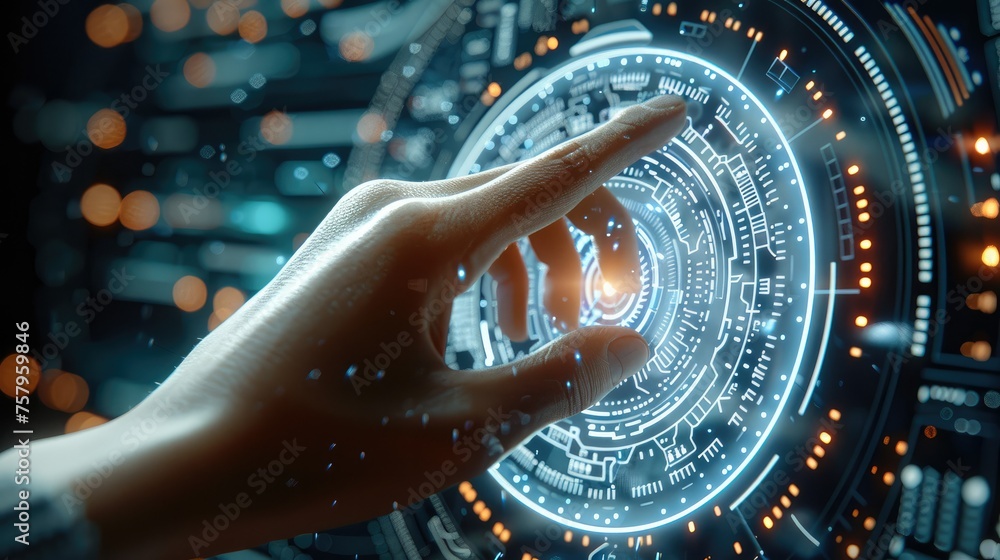 Aufkleber a person touching a complex circular diagram on virtual screen, innovation, network, an abstract tec