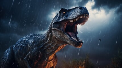 Dinosaur stands in lightning storm in prehistoric environment. Photorealistic.