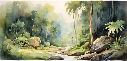 Gordijnen Digital painting of a tropical jungle scene. Watercolor botanical illustration. Jungle landscape in retro wallpaper style. © ASGraphics