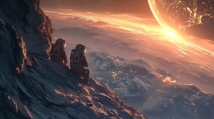 Two astronauts explore alien land landscape with giant planet and mountains. Fantasy wall paper.