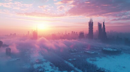 Cold winter with heavy snow of a futuristic city with modern skyscraper buildings.