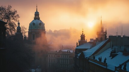Obraz premium Beautiful historical buildings in winter with snow and fog in Prague city in Czech Republic in Europe.